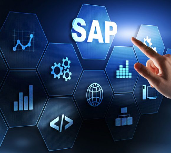 SAP System Software Automation concept. Businessman presses virtual button SAP.